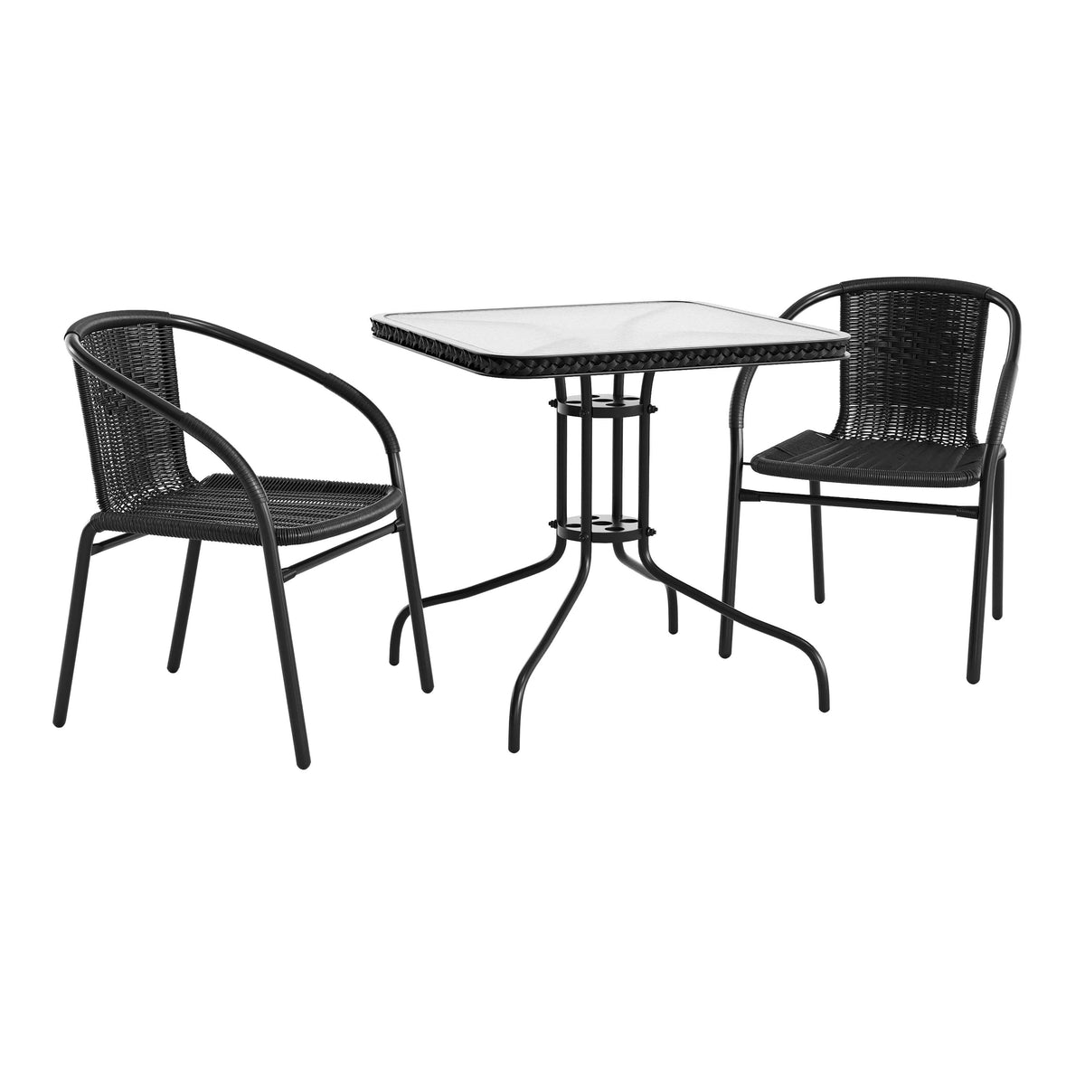 Flash Furniture TLH-073SQ-037BK2-GG 28" SQ Glass Metal Table with Black Rattan Edging & 2 Black Rattan Stack Chairs - Main view