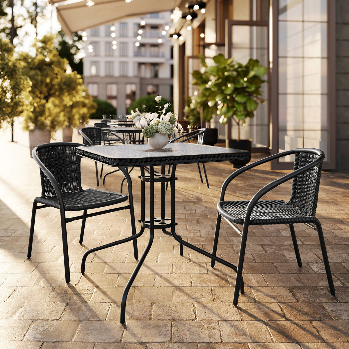 Flash Furniture TLH-073SQ-037BK2-GG 28" SQ Glass Metal Table with Black Rattan Edging & 2 Black Rattan Stack Chairs - View 2