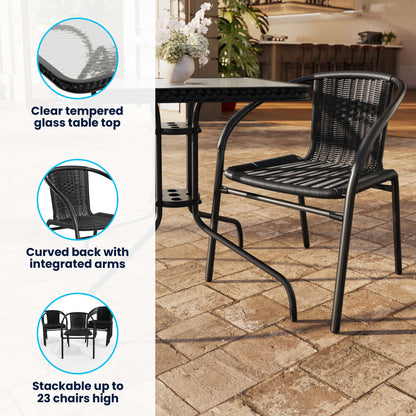 Flash Furniture TLH-073SQ-037BK2-GG 28" SQ Glass Metal Table with Black Rattan Edging & 2 Black Rattan Stack Chairs - View 3