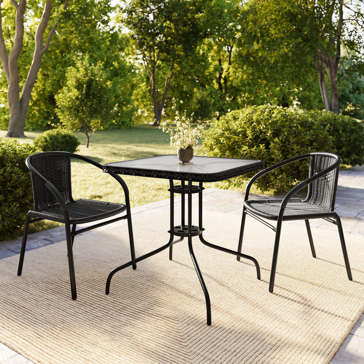 Flash Furniture TLH-073SQ-037BK2-GG 28" SQ Glass Metal Table with Black Rattan Edging & 2 Black Rattan Stack Chairs - View 8