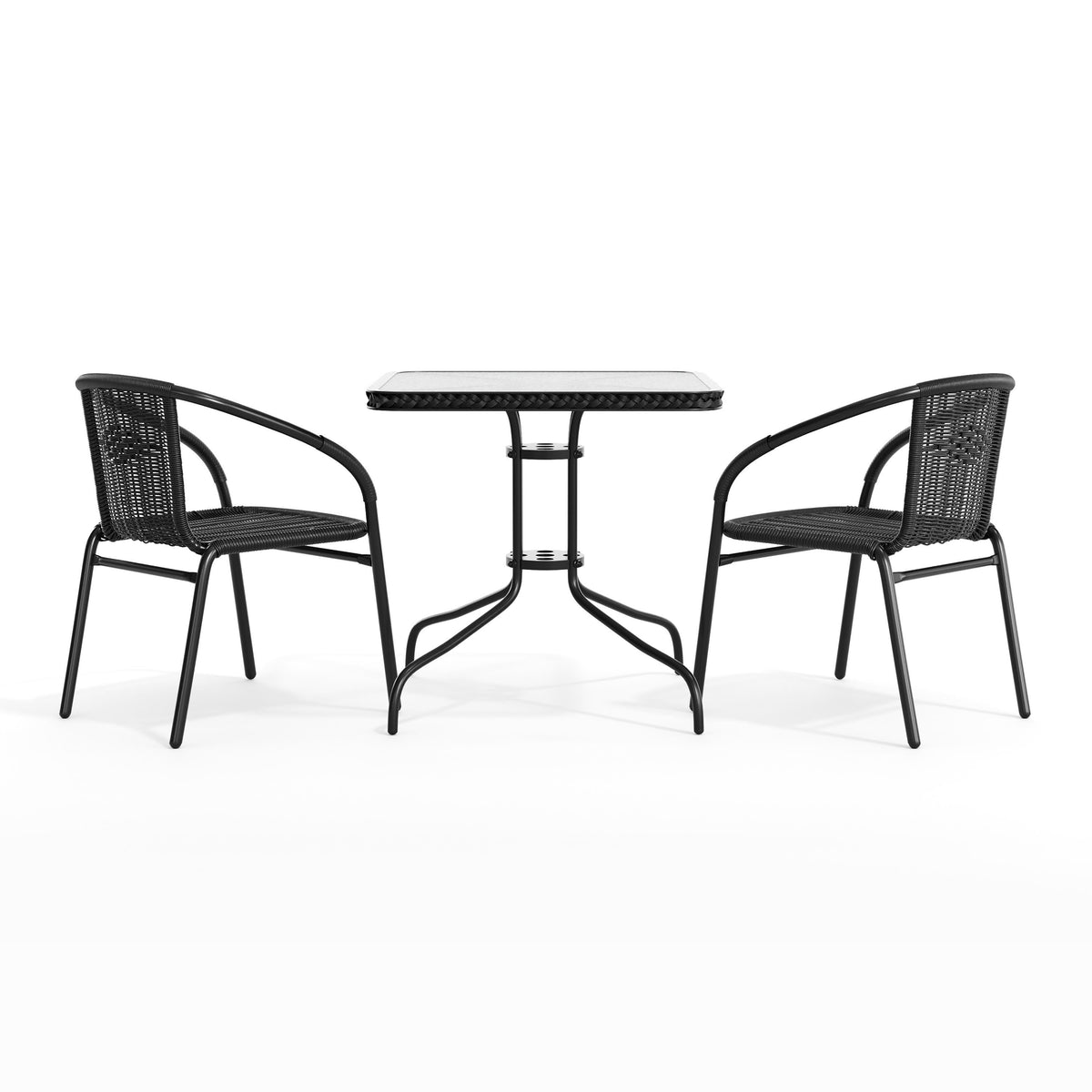 Flash Furniture TLH-073SQ-037BK2-GG 28" SQ Glass Metal Table with Black Rattan Edging & 2 Black Rattan Stack Chairs - View 9