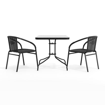 Flash Furniture TLH-073SQ-037BK2-GG 28" SQ Glass Metal Table with Black Rattan Edging & 2 Black Rattan Stack Chairs - View 9