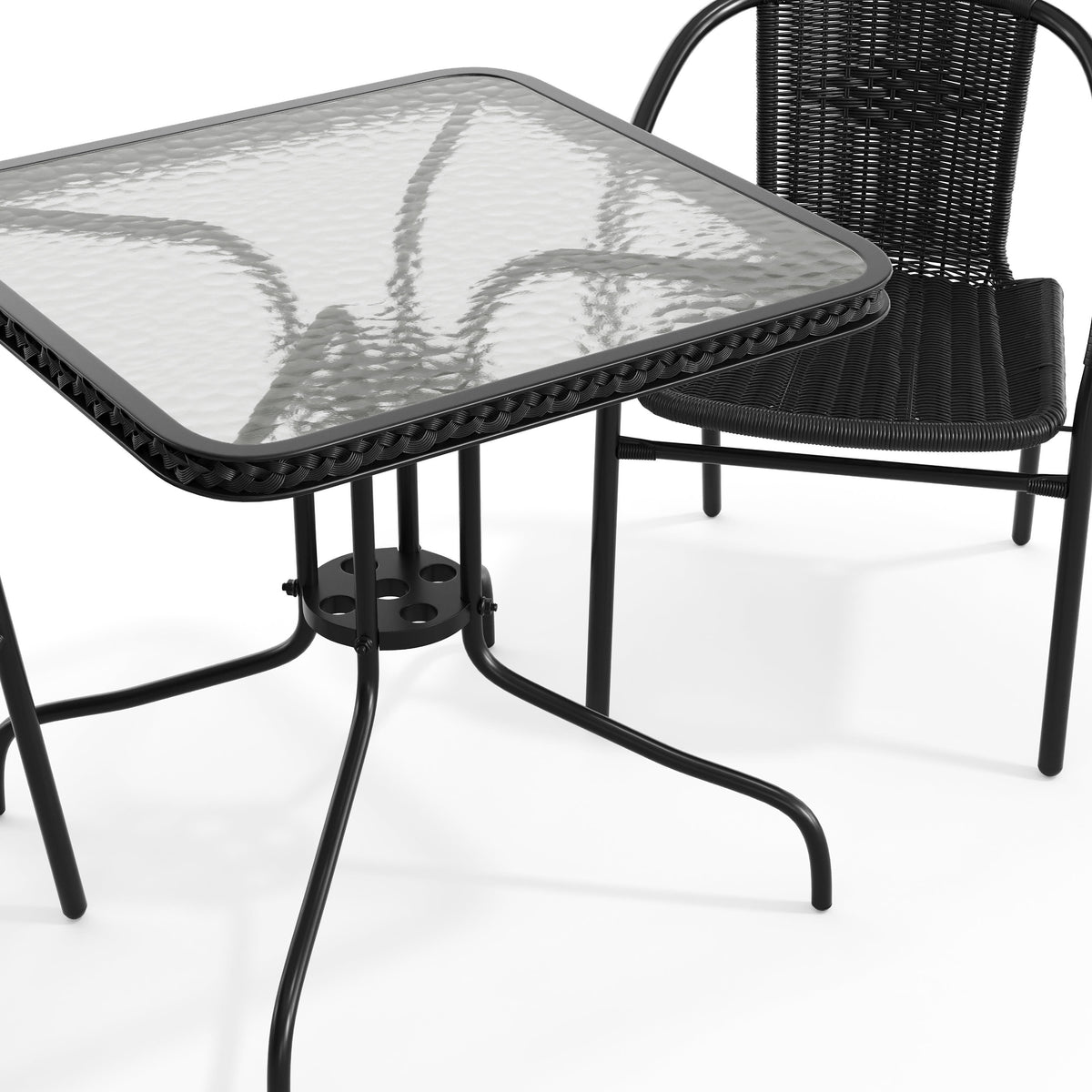 Flash Furniture TLH-073SQ-037BK2-GG 28" SQ Glass Metal Table with Black Rattan Edging & 2 Black Rattan Stack Chairs - View 10