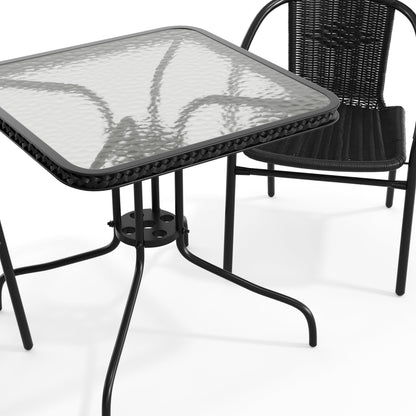 Flash Furniture TLH-073SQ-037BK2-GG 28" SQ Glass Metal Table with Black Rattan Edging & 2 Black Rattan Stack Chairs - View 10