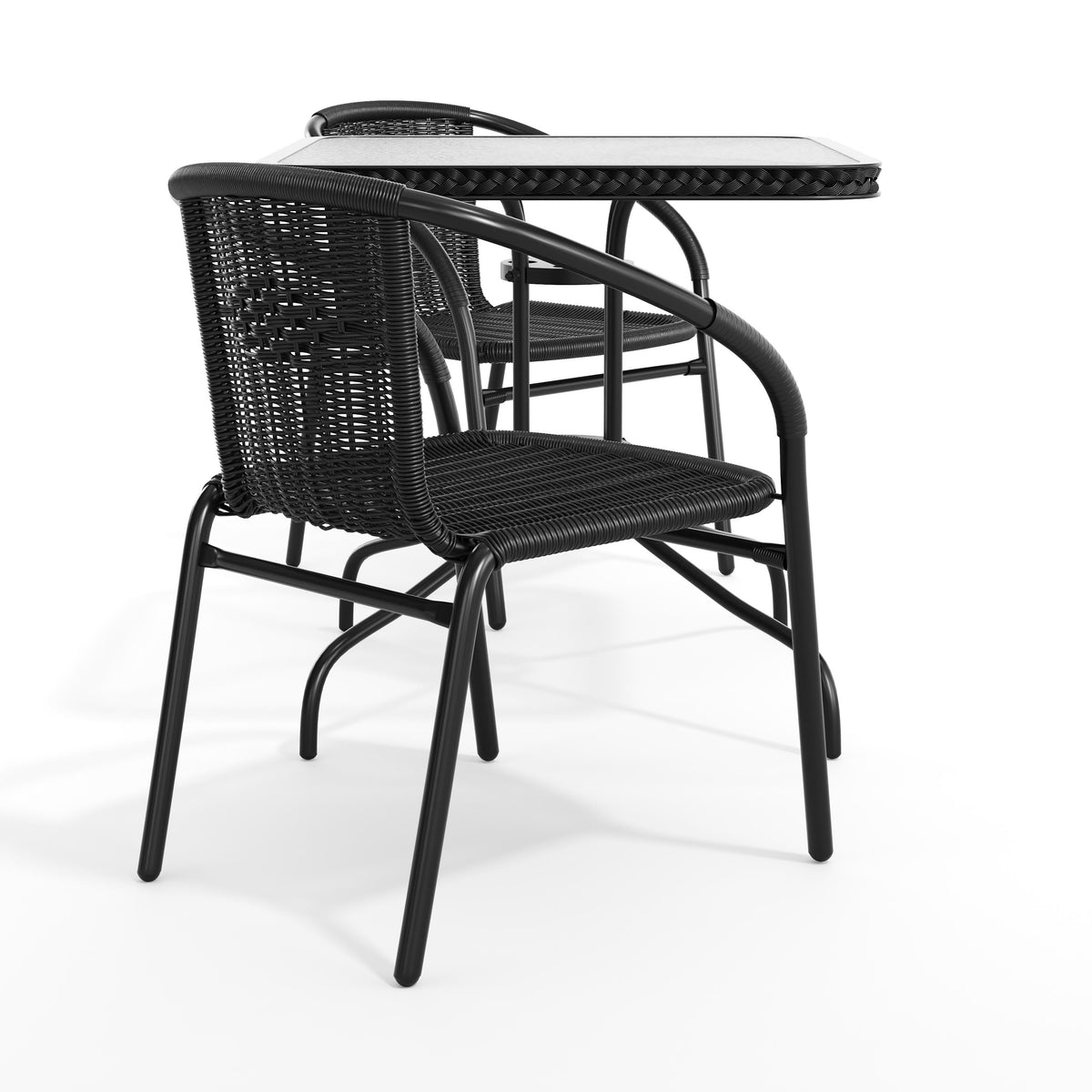 Flash Furniture TLH-073SQ-037BK2-GG 28" SQ Glass Metal Table with Black Rattan Edging & 2 Black Rattan Stack Chairs - View 11