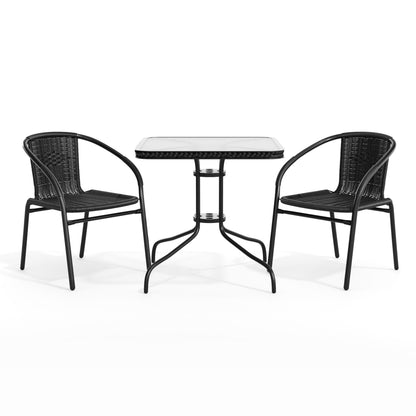 Flash Furniture TLH-073SQ-037BK2-GG 28" SQ Glass Metal Table with Black Rattan Edging & 2 Black Rattan Stack Chairs - View 12