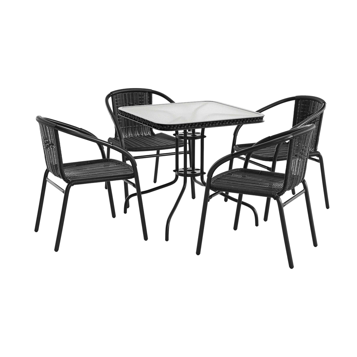 Flash Furniture TLH-073SQ-037BK4-GG 28" SQ Glass Metal Table w/ Black Rattan Edging & 4 Black Rattan Stack Chairs - Main view