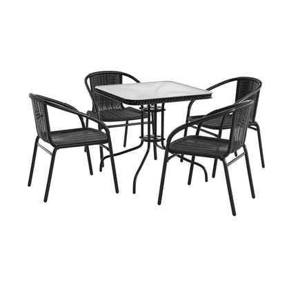 Flash Furniture TLH-073SQ-037BK4-GG 28" SQ Glass Metal Table w/ Black Rattan Edging & 4 Black Rattan Stack Chairs - Main view