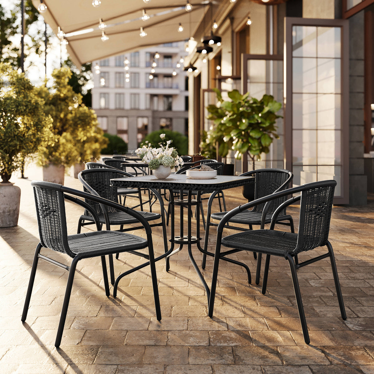 Flash Furniture TLH-073SQ-037BK4-GG 28" SQ Glass Metal Table w/ Black Rattan Edging & 4 Black Rattan Stack Chairs - View 2