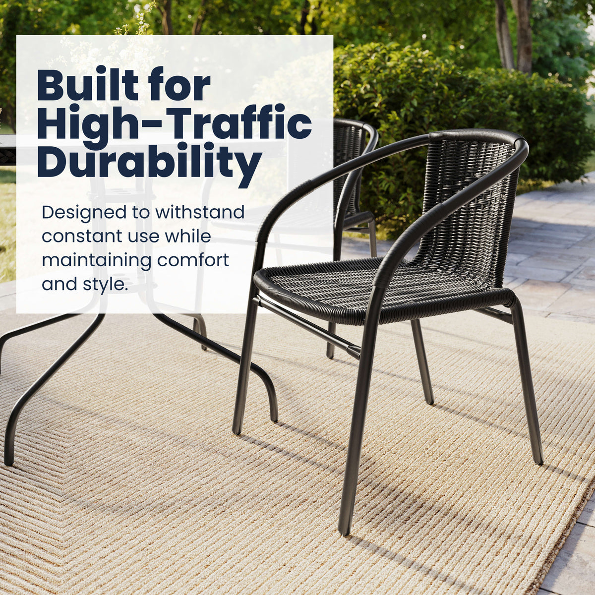 Flash Furniture TLH-073SQ-037BK4-GG 28" SQ Glass Metal Table w/ Black Rattan Edging & 4 Black Rattan Stack Chairs - View 4