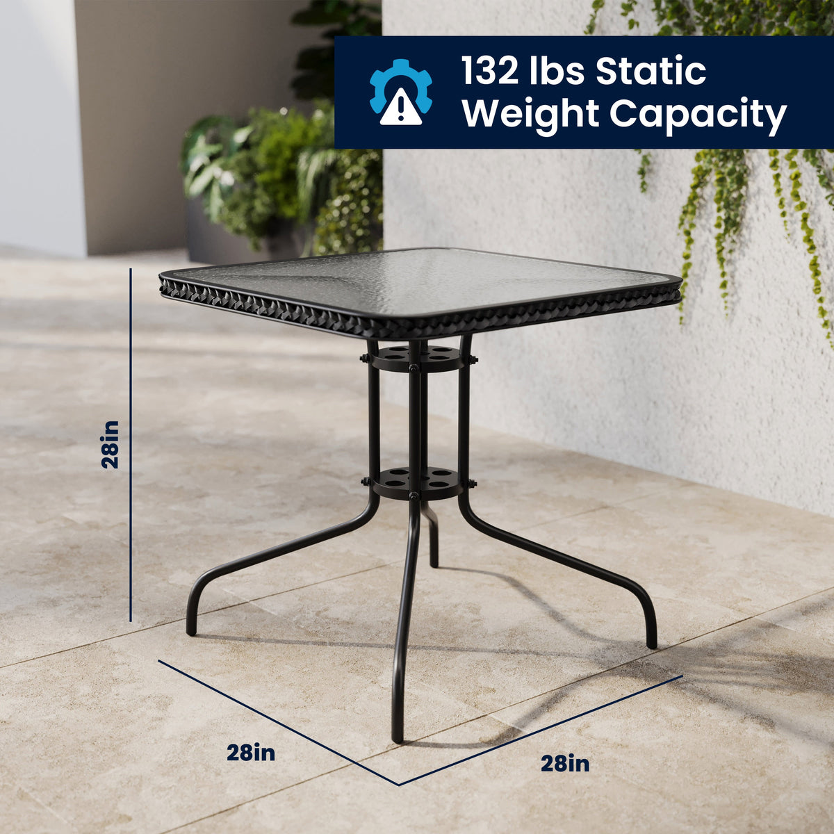 Flash Furniture TLH-073SQ-037BK4-GG 28" SQ Glass Metal Table w/ Black Rattan Edging & 4 Black Rattan Stack Chairs - View 7