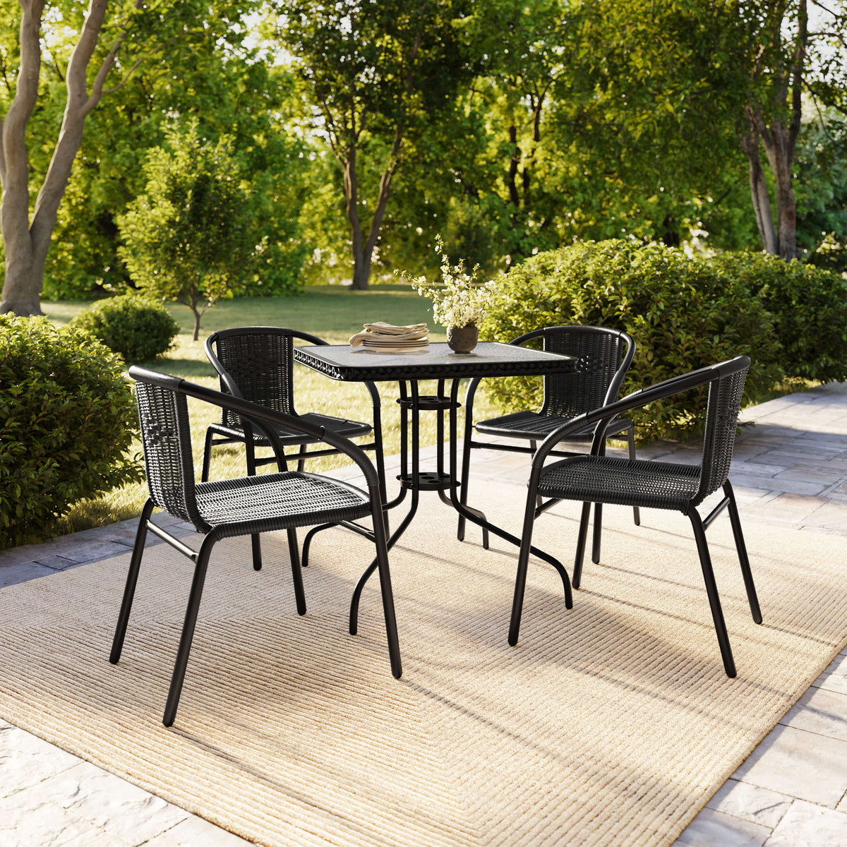 Flash Furniture TLH-073SQ-037BK4-GG 28" SQ Glass Metal Table w/ Black Rattan Edging & 4 Black Rattan Stack Chairs - View 8