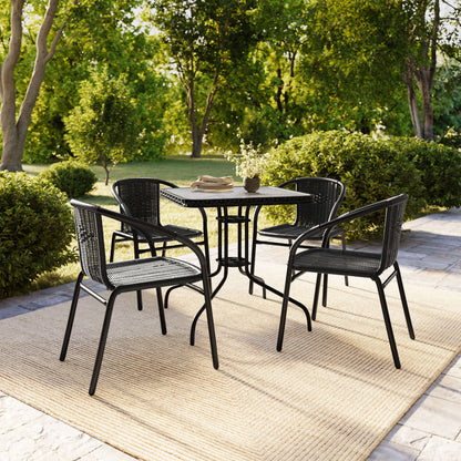 Flash Furniture TLH-073SQ-037BK4-GG 28" SQ Glass Metal Table w/ Black Rattan Edging & 4 Black Rattan Stack Chairs - View 8