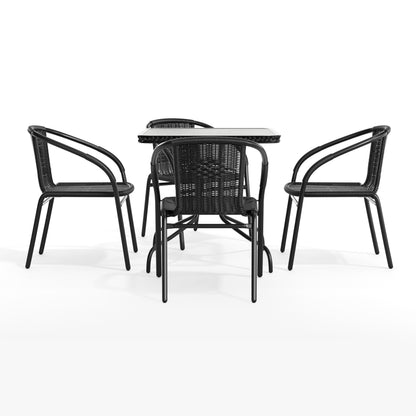 Flash Furniture TLH-073SQ-037BK4-GG 28" SQ Glass Metal Table w/ Black Rattan Edging & 4 Black Rattan Stack Chairs - View 9