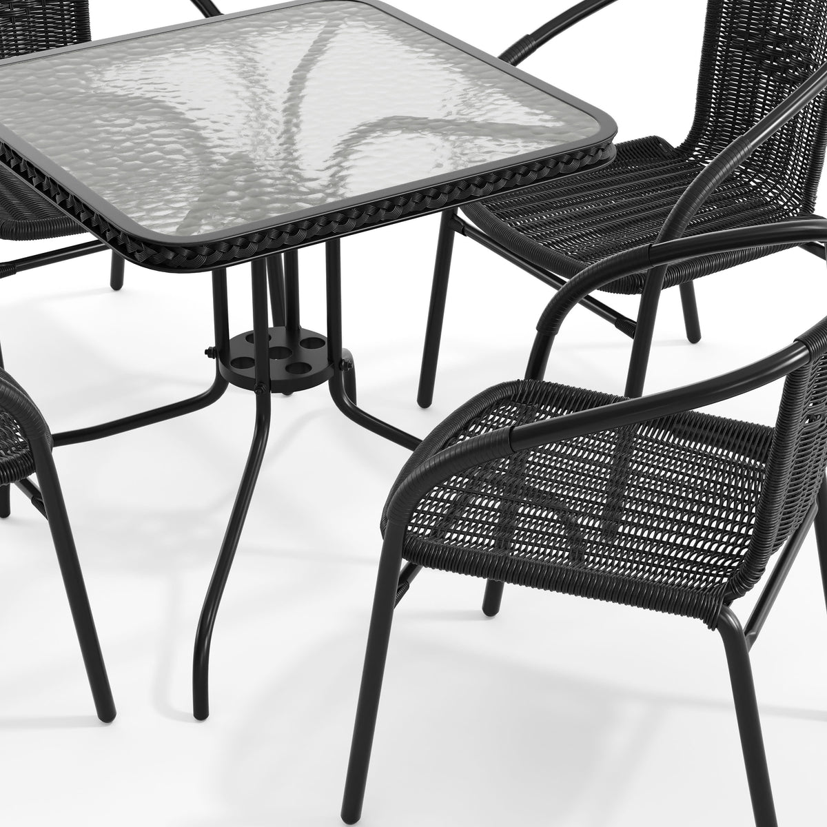 Flash Furniture TLH-073SQ-037BK4-GG 28" SQ Glass Metal Table w/ Black Rattan Edging & 4 Black Rattan Stack Chairs - View 10