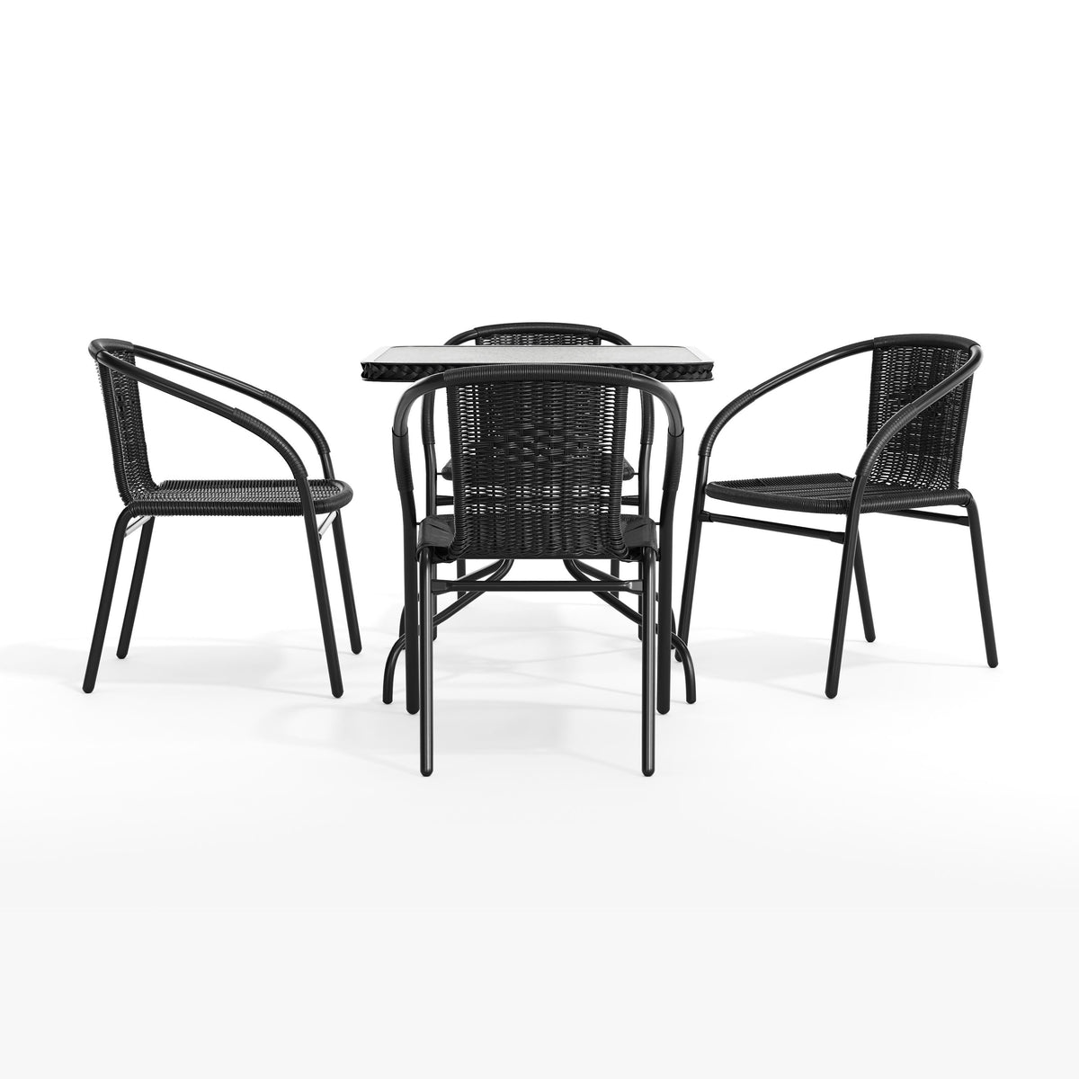 Flash Furniture TLH-073SQ-037BK4-GG 28" SQ Glass Metal Table w/ Black Rattan Edging & 4 Black Rattan Stack Chairs - View 11