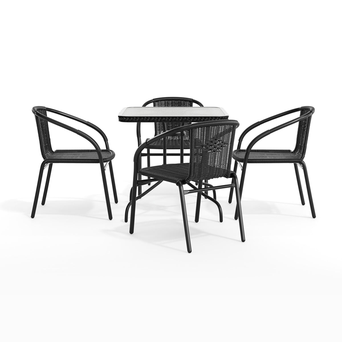 Flash Furniture TLH-073SQ-037BK4-GG 28" SQ Glass Metal Table w/ Black Rattan Edging & 4 Black Rattan Stack Chairs - View 12