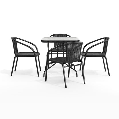 Flash Furniture TLH-073SQ-037BK4-GG 28" SQ Glass Metal Table w/ Black Rattan Edging & 4 Black Rattan Stack Chairs - View 12