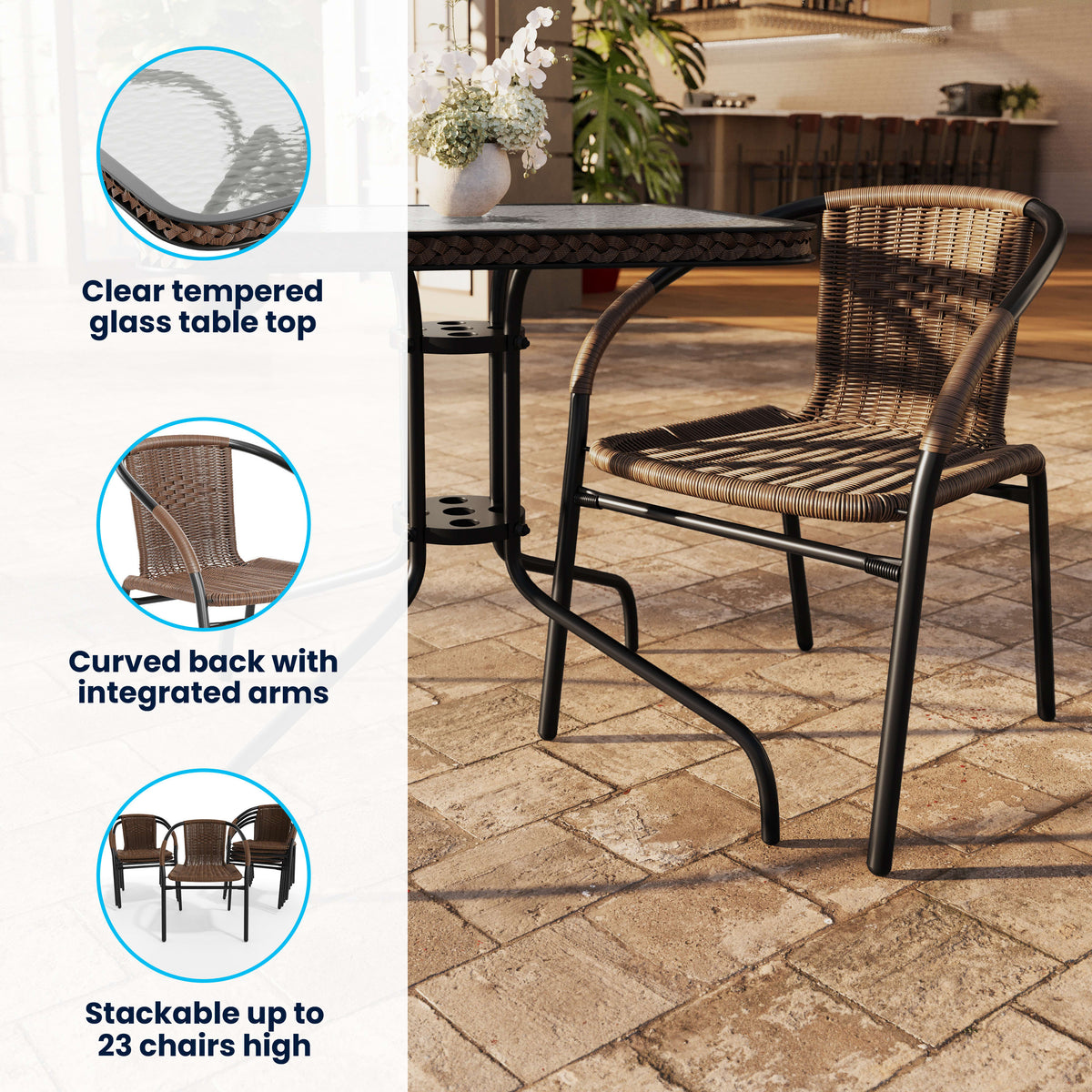 Flash Furniture TLH-073SQ-037BN2-GG 28" SQ Glass Metal Table with Dk Brown Rattan Edging & 2 Dk Brown Rattan Chairs (Dark Brown) - View 3