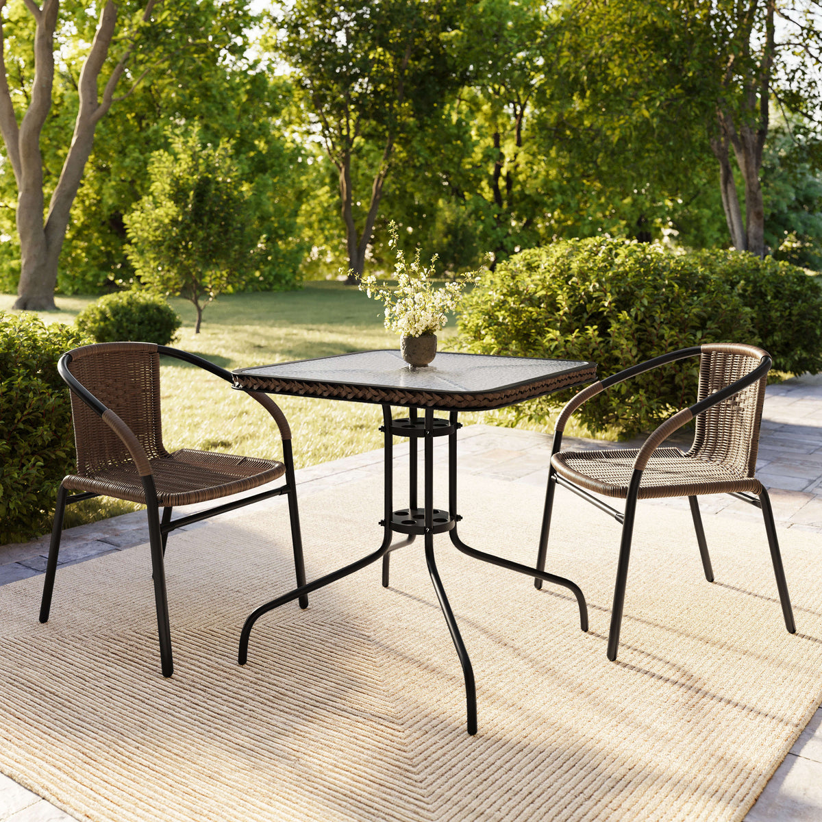 Flash Furniture TLH-073SQ-037BN2-GG 28" SQ Glass Metal Table with Dk Brown Rattan Edging & 2 Dk Brown Rattan Chairs (Dark Brown) - View 8