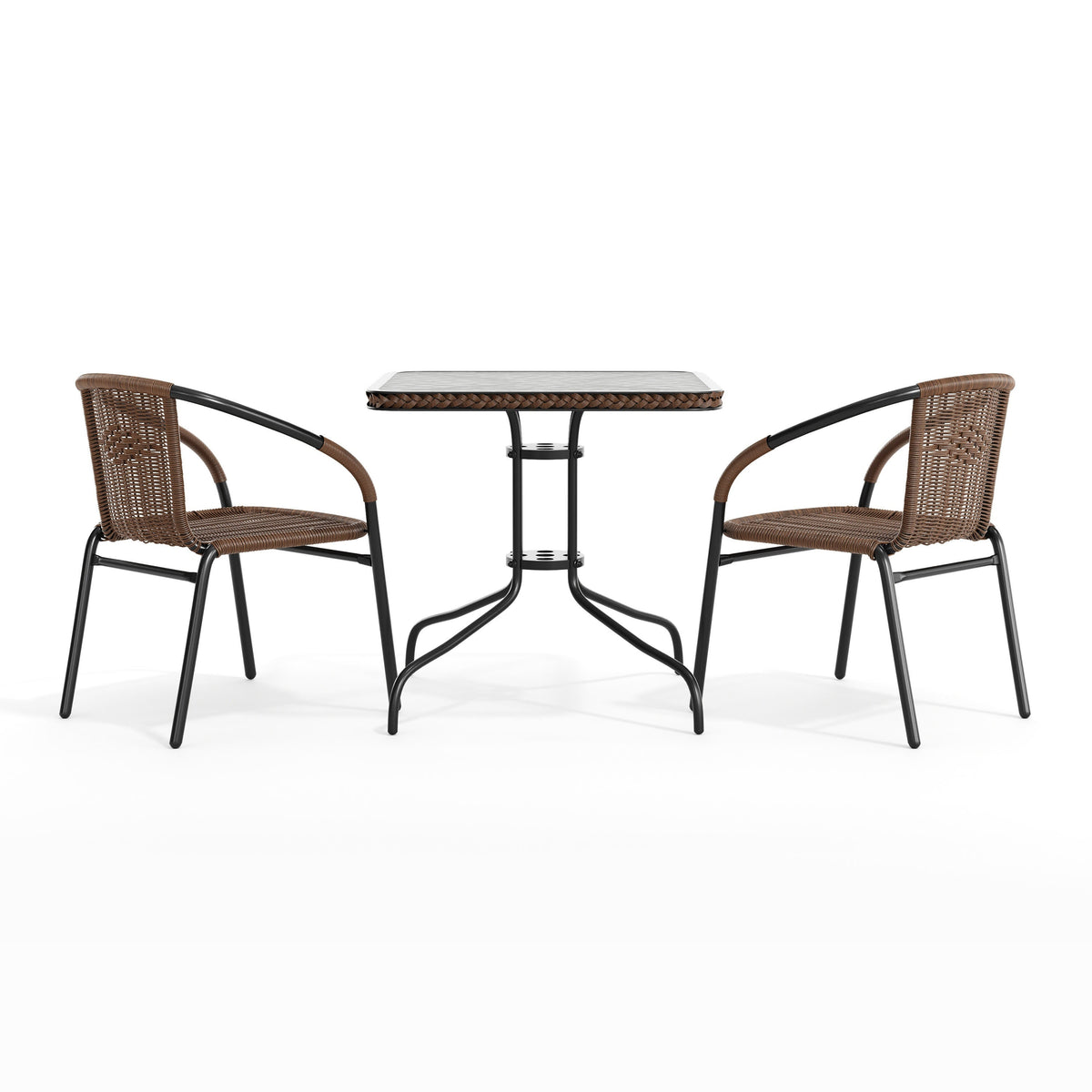 Flash Furniture TLH-073SQ-037BN2-GG 28" SQ Glass Metal Table with Dk Brown Rattan Edging & 2 Dk Brown Rattan Chairs (Dark Brown) - View 9