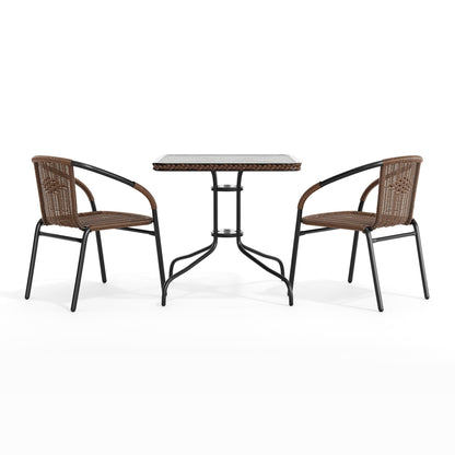 Flash Furniture TLH-073SQ-037BN2-GG 28" SQ Glass Metal Table with Dk Brown Rattan Edging & 2 Dk Brown Rattan Chairs (Dark Brown) - View 9