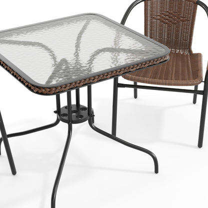 Flash Furniture TLH-073SQ-037BN2-GG 28" SQ Glass Metal Table with Dk Brown Rattan Edging & 2 Dk Brown Rattan Chairs (Dark Brown) - View 10