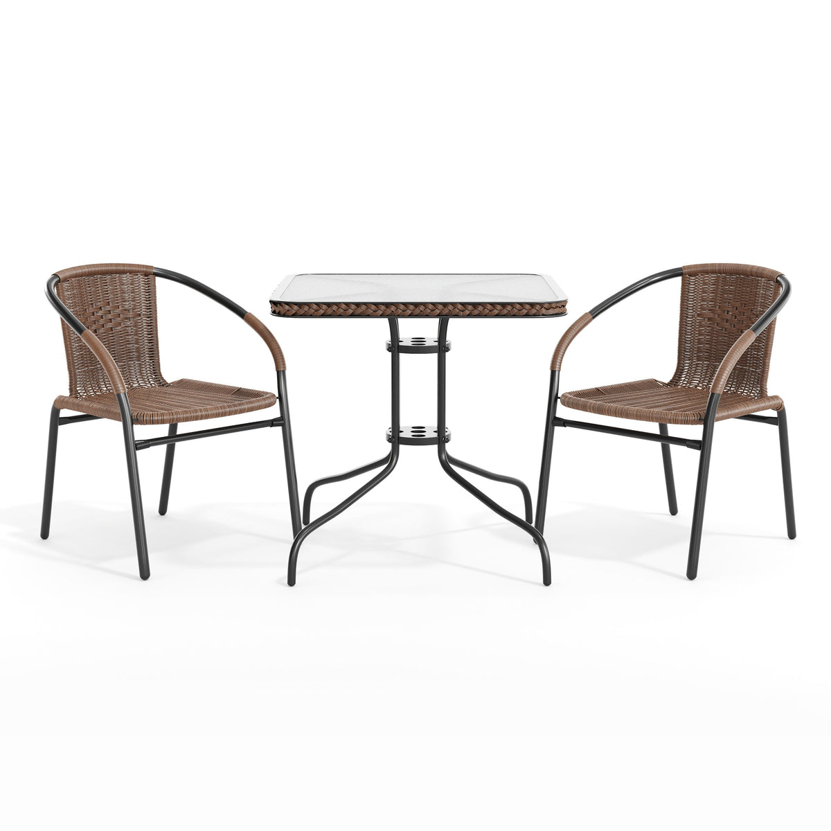 Flash Furniture TLH-073SQ-037BN2-GG 28" SQ Glass Metal Table with Dk Brown Rattan Edging & 2 Dk Brown Rattan Chairs (Dark Brown) - View 12