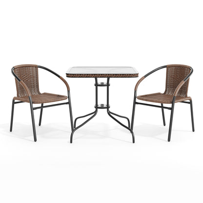 Flash Furniture TLH-073SQ-037BN2-GG 28" SQ Glass Metal Table with Dk Brown Rattan Edging & 2 Dk Brown Rattan Chairs (Dark Brown) - View 12