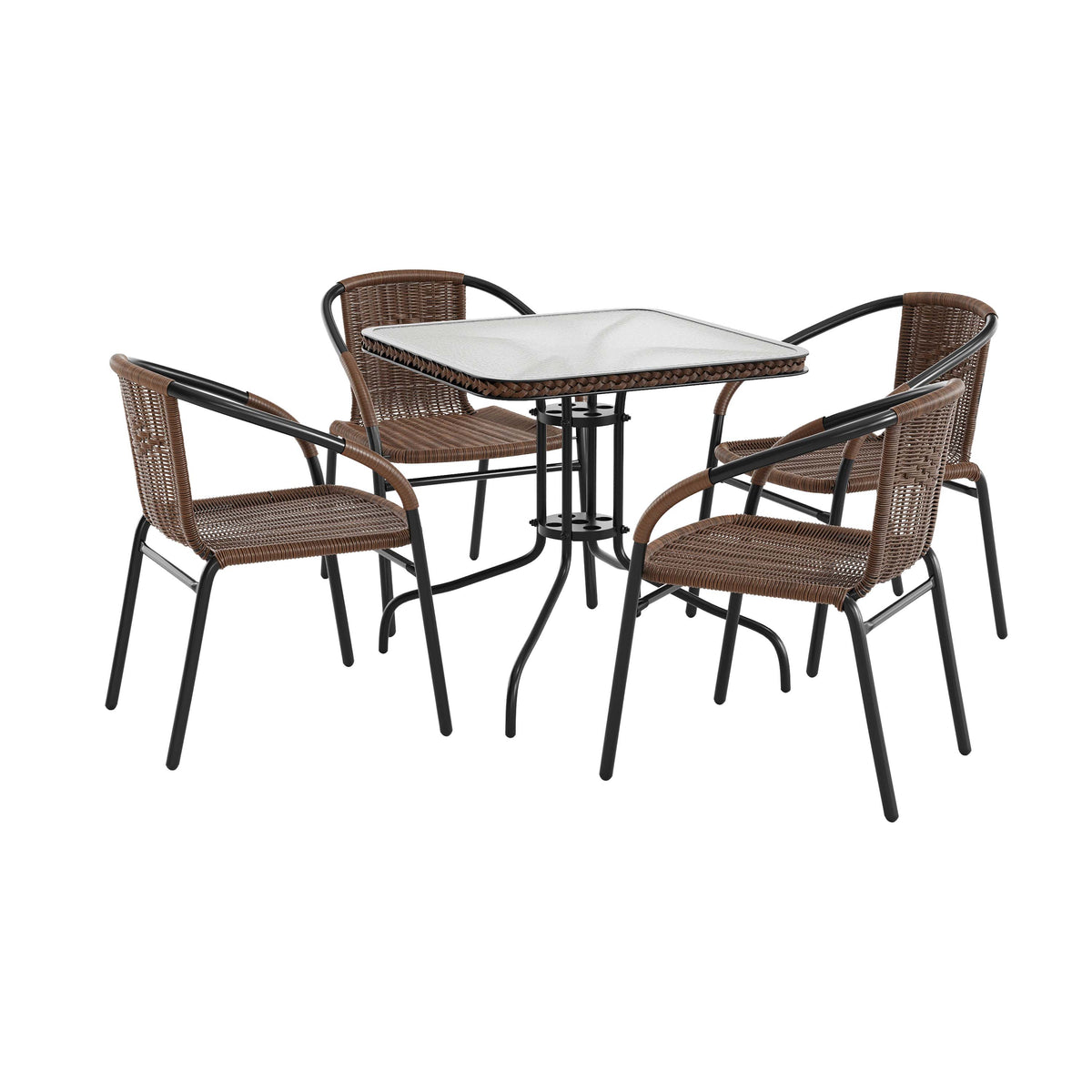 Flash Furniture TLH-073SQ-037BN4-GG 28" SQ Glass Metal Table with Dk Brown Rattan Edging & 4 Dk Brown Rattan Chairs (Dark Brown) - Main view