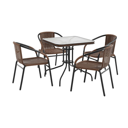 Flash Furniture TLH-073SQ-037BN4-GG 28" SQ Glass Metal Table with Dk Brown Rattan Edging & 4 Dk Brown Rattan Chairs (Dark Brown) - Main view
