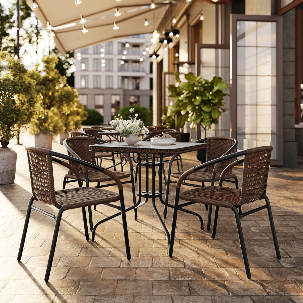 Flash Furniture TLH-073SQ-037BN4-GG 28" SQ Glass Metal Table with Dk Brown Rattan Edging & 4 Dk Brown Rattan Chairs (Dark Brown) - View 2
