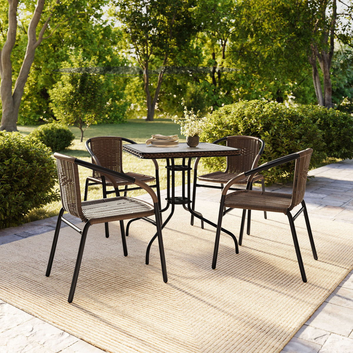 Flash Furniture TLH-073SQ-037BN4-GG 28" SQ Glass Metal Table with Dk Brown Rattan Edging & 4 Dk Brown Rattan Chairs (Dark Brown) - View 8