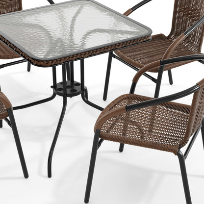 Flash Furniture TLH-073SQ-037BN4-GG 28" SQ Glass Metal Table with Dk Brown Rattan Edging & 4 Dk Brown Rattan Chairs (Dark Brown) - View 10