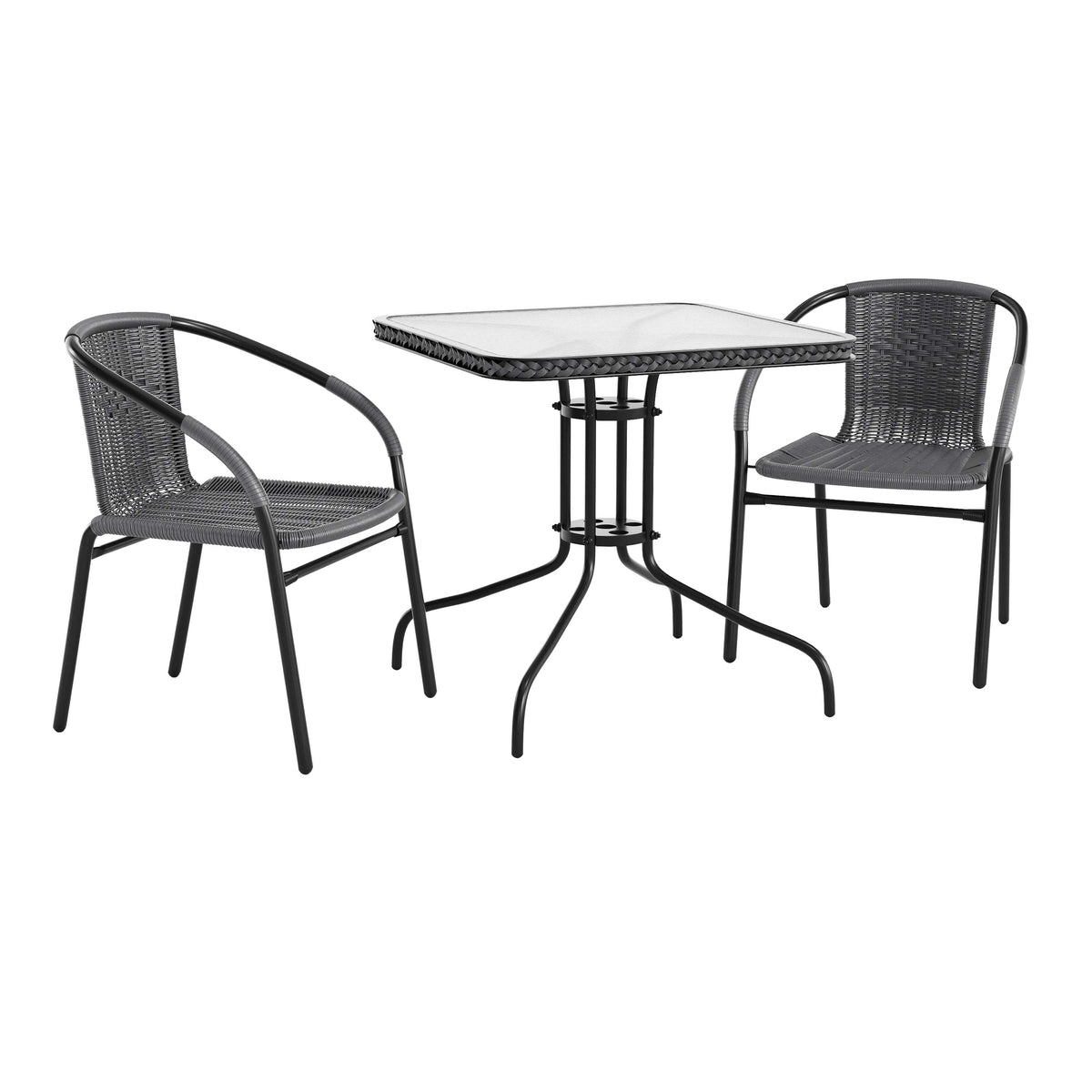 Flash Furniture TLH-073SQ-037GY2-GG 28" SQ Glass Metal Table with Gray Rattan Edging and 2 Gray Rattan Stack Chairs - Main view