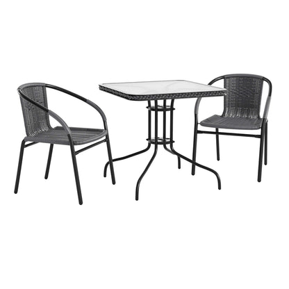 Flash Furniture TLH-073SQ-037GY2-GG 28" SQ Glass Metal Table with Gray Rattan Edging and 2 Gray Rattan Stack Chairs - Main view