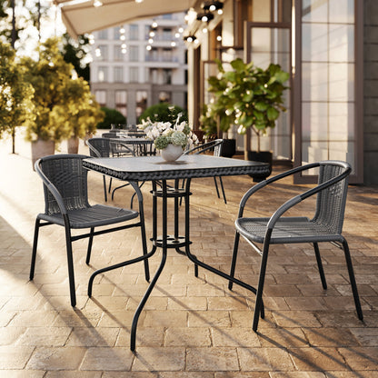 Flash Furniture TLH-073SQ-037GY2-GG 28" SQ Glass Metal Table with Gray Rattan Edging and 2 Gray Rattan Stack Chairs - View 2