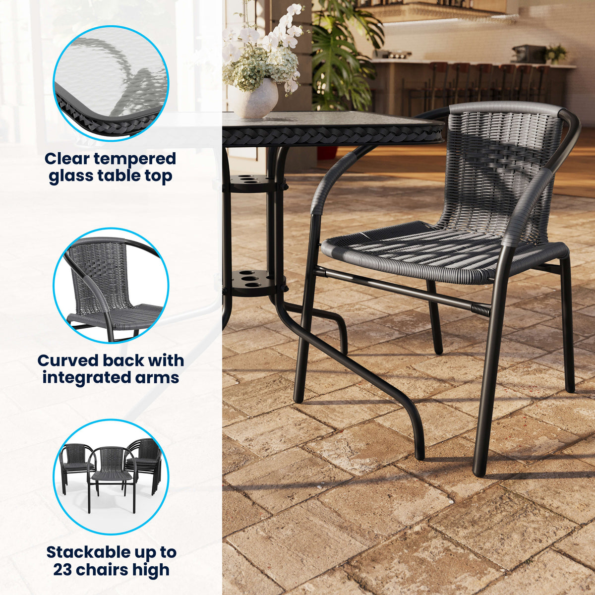 Flash Furniture TLH-073SQ-037GY2-GG 28" SQ Glass Metal Table with Gray Rattan Edging and 2 Gray Rattan Stack Chairs - View 3