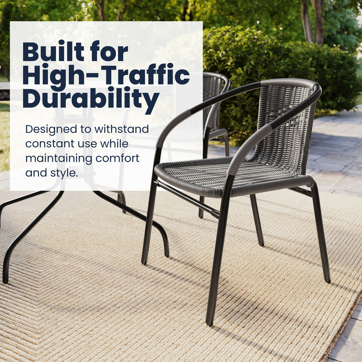 Flash Furniture TLH-073SQ-037GY2-GG 28" SQ Glass Metal Table with Gray Rattan Edging and 2 Gray Rattan Stack Chairs - View 4