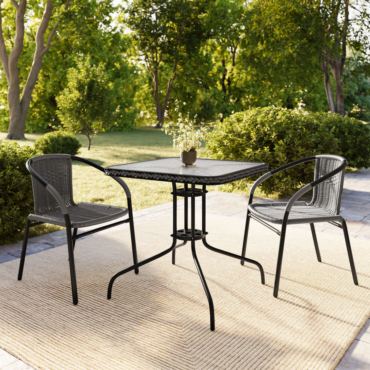 Flash Furniture TLH-073SQ-037GY2-GG 28" SQ Glass Metal Table with Gray Rattan Edging and 2 Gray Rattan Stack Chairs - View 8