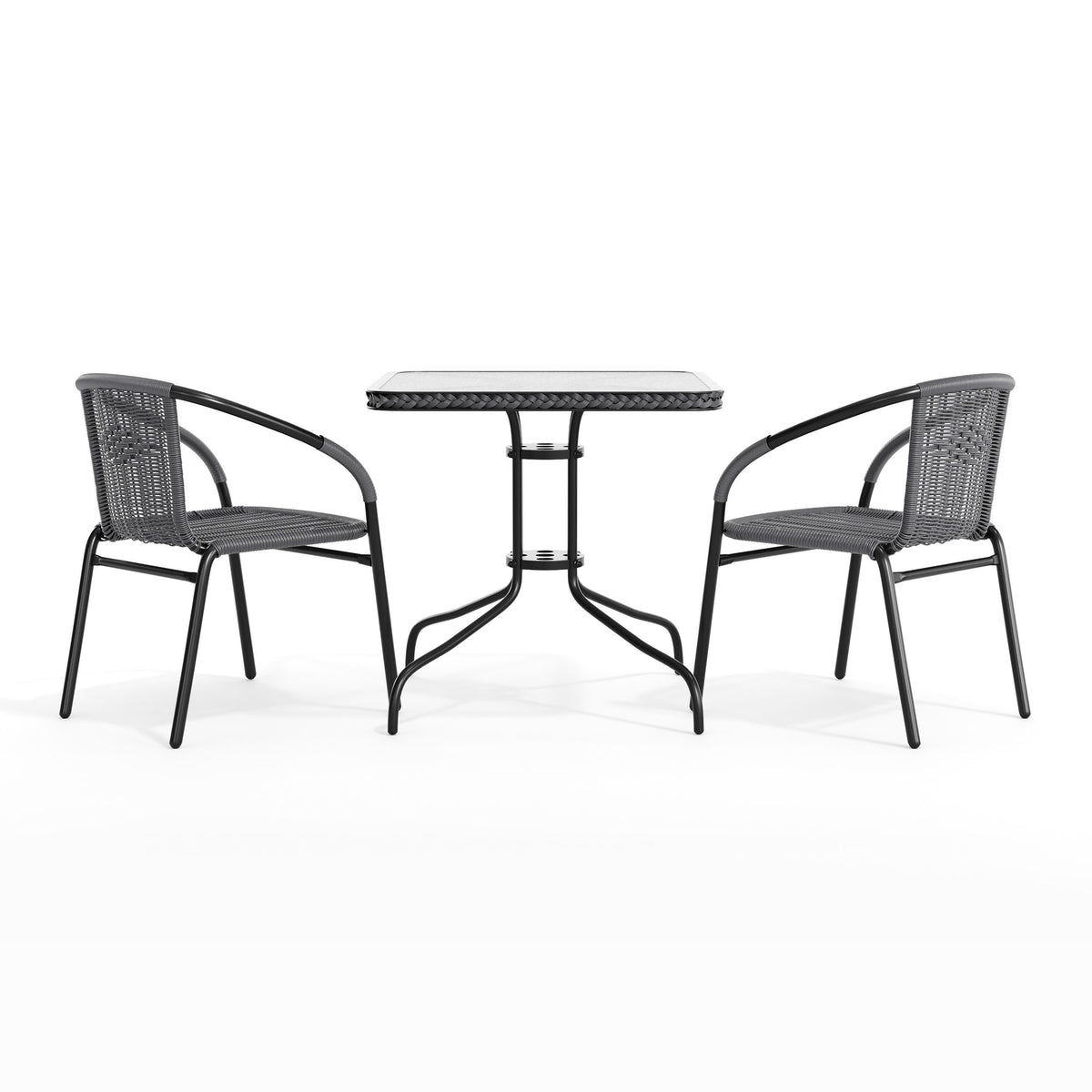 Flash Furniture TLH-073SQ-037GY2-GG 28" SQ Glass Metal Table with Gray Rattan Edging and 2 Gray Rattan Stack Chairs - View 9