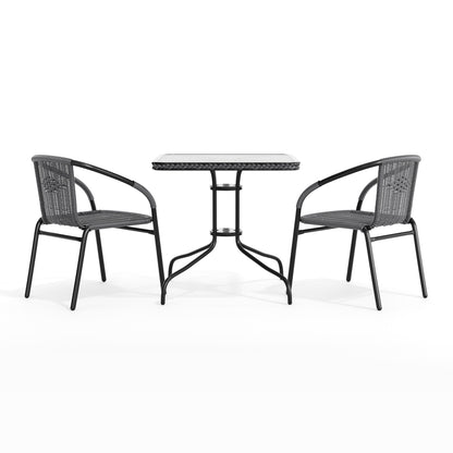 Flash Furniture TLH-073SQ-037GY2-GG 28" SQ Glass Metal Table with Gray Rattan Edging and 2 Gray Rattan Stack Chairs - View 9