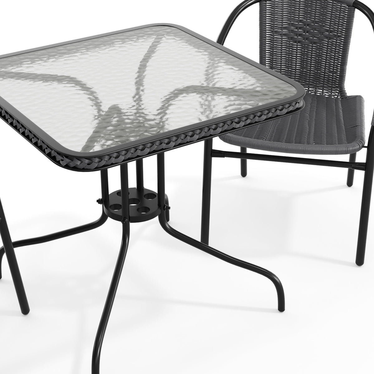 Flash Furniture TLH-073SQ-037GY2-GG 28" SQ Glass Metal Table with Gray Rattan Edging and 2 Gray Rattan Stack Chairs - View 10