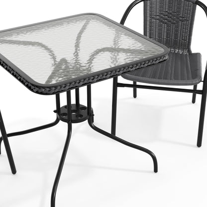 Flash Furniture TLH-073SQ-037GY2-GG 28" SQ Glass Metal Table with Gray Rattan Edging and 2 Gray Rattan Stack Chairs - View 10