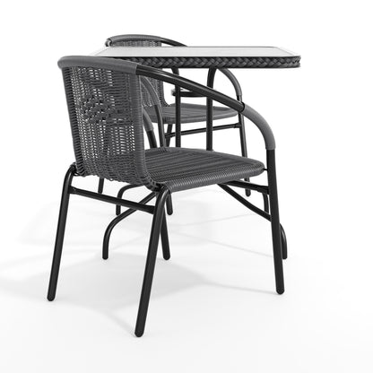 Flash Furniture TLH-073SQ-037GY2-GG 28" SQ Glass Metal Table with Gray Rattan Edging and 2 Gray Rattan Stack Chairs - View 11
