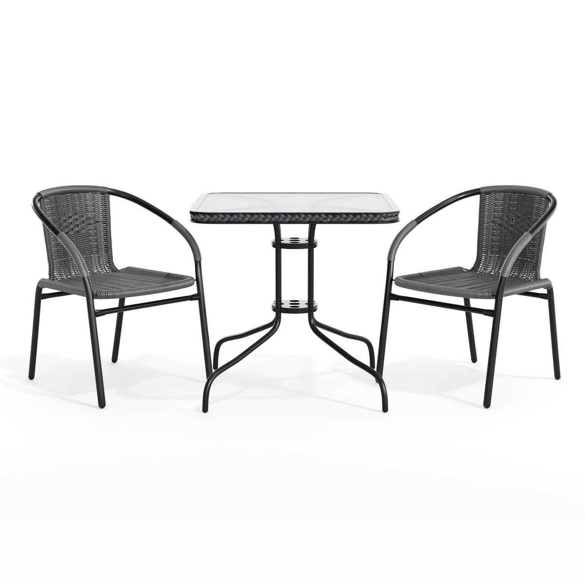 Flash Furniture TLH-073SQ-037GY2-GG 28" SQ Glass Metal Table with Gray Rattan Edging and 2 Gray Rattan Stack Chairs - View 12