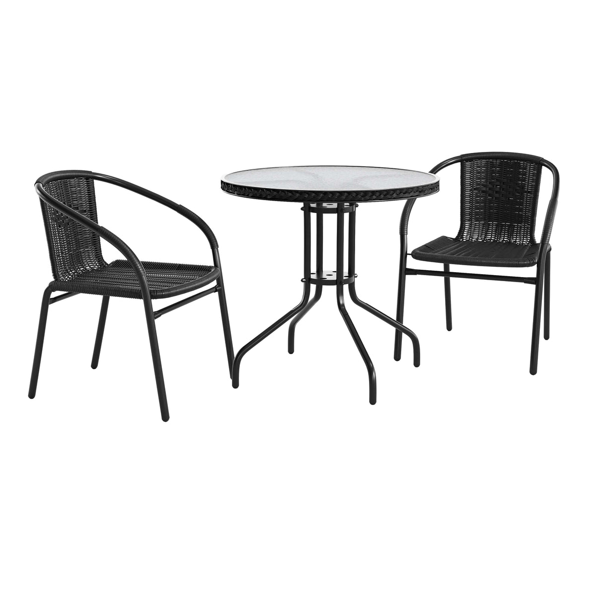 Flash Furniture TLH-087RD-037BK2-GG 28" RD Glass Metal Table with Black Rattan Edging & 2 Black Rattan Stack Chairs - Main view