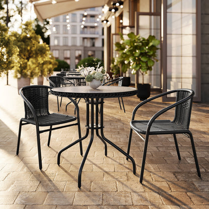 Flash Furniture TLH-087RD-037BK2-GG 28" RD Glass Metal Table with Black Rattan Edging & 2 Black Rattan Stack Chairs - View 2