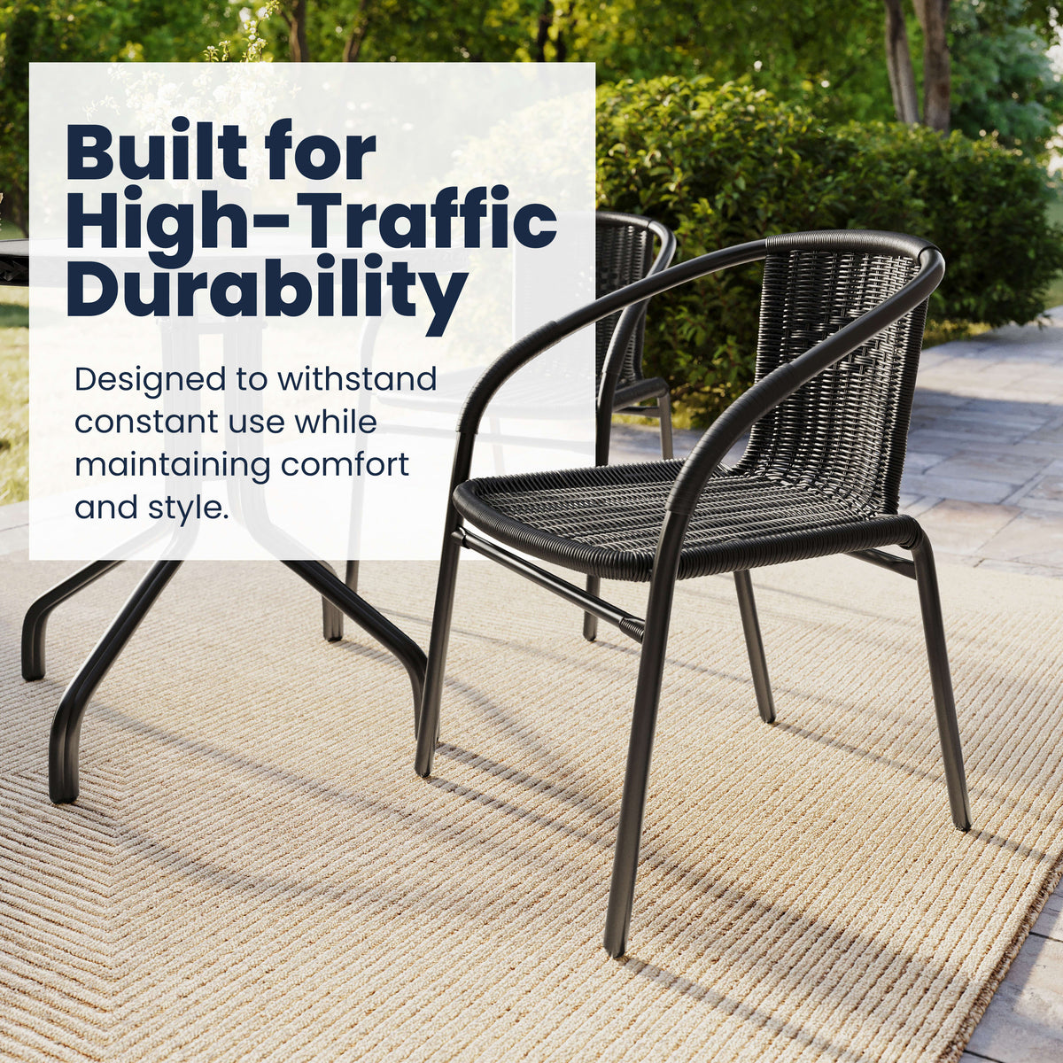 Flash Furniture TLH-087RD-037BK2-GG 28" RD Glass Metal Table with Black Rattan Edging & 2 Black Rattan Stack Chairs - View 4