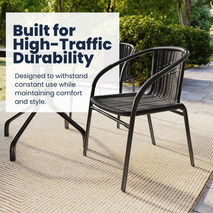 Flash Furniture TLH-087RD-037BK2-GG 28" RD Glass Metal Table with Black Rattan Edging & 2 Black Rattan Stack Chairs - View 4